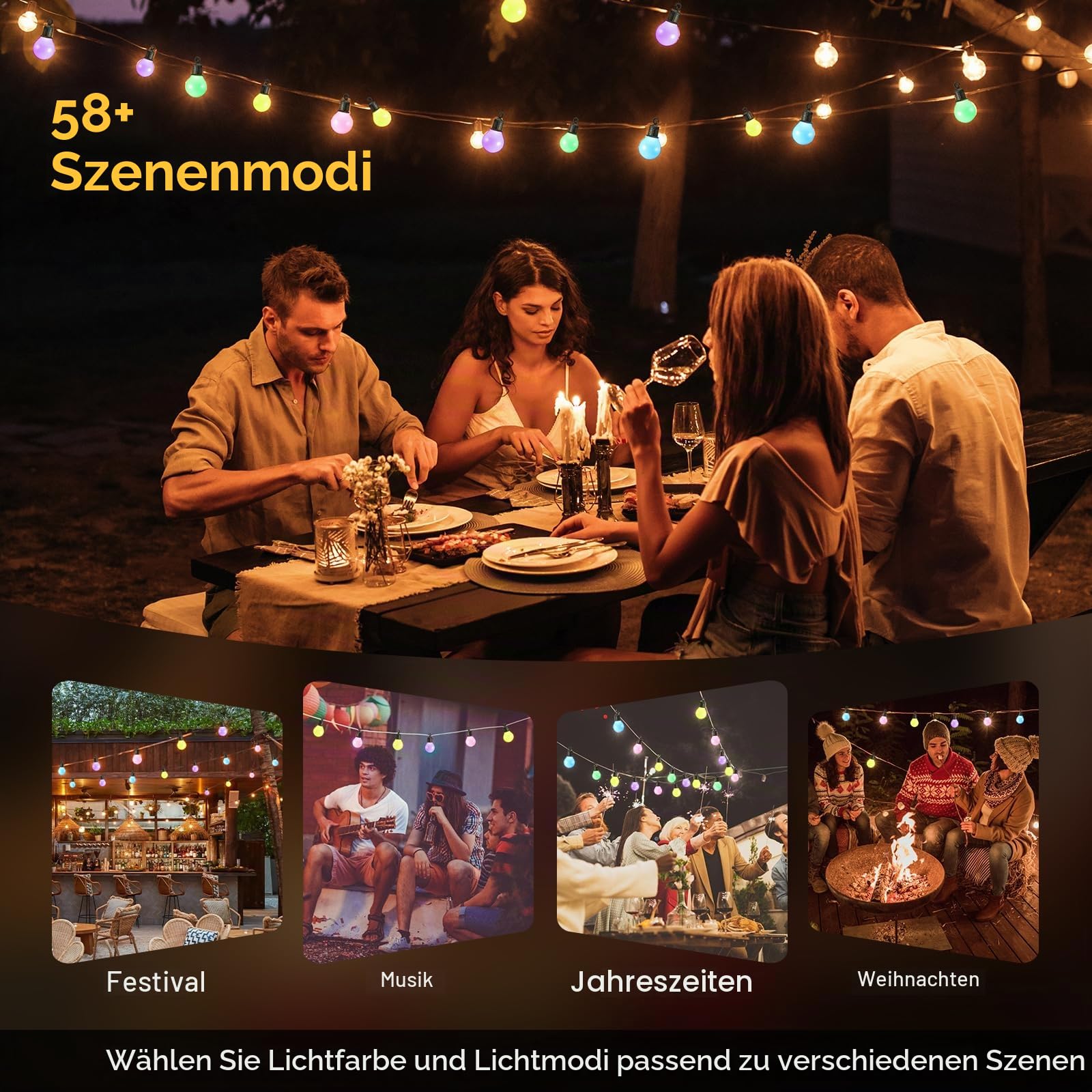 Lichterkette Outdoor, 100ft/30M Lichterkette Außen mit 50 Glühbirnen, Fernbedienung und App, Timer, 16 Millionen Farben und über 58 Szenenmodi, Wasserdichte Led Lichterkette für Party Garten