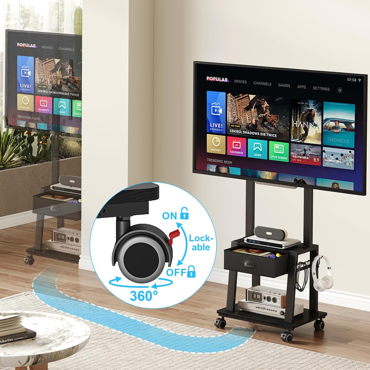 Mobile TV Stand with Drawer for 23-60 Inch TVs,Tilt Rolling TV Cart on Wheels with 2 Shelves Adjustable Height Portable TV Stand for Bedroom/Living Room Holds up to 50 lbs Max VESA 400x400mm