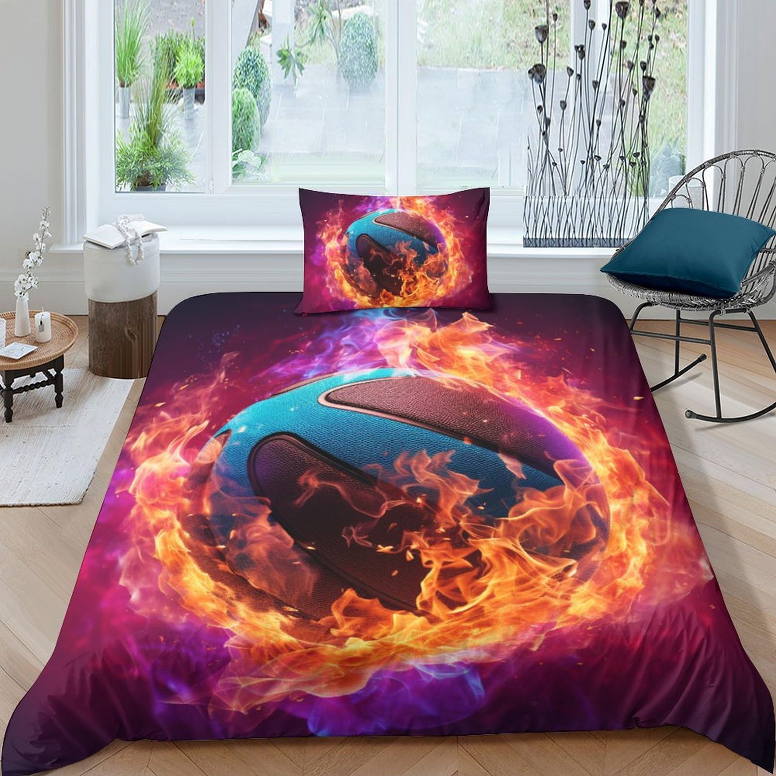HOTGE Bedding Set 3D Flaming Basketball Printed Comforter Duvet Cover for Kids Boys Girls Adults Sports Quilt Cover Bedspread Room Decor Single（135x200cm）