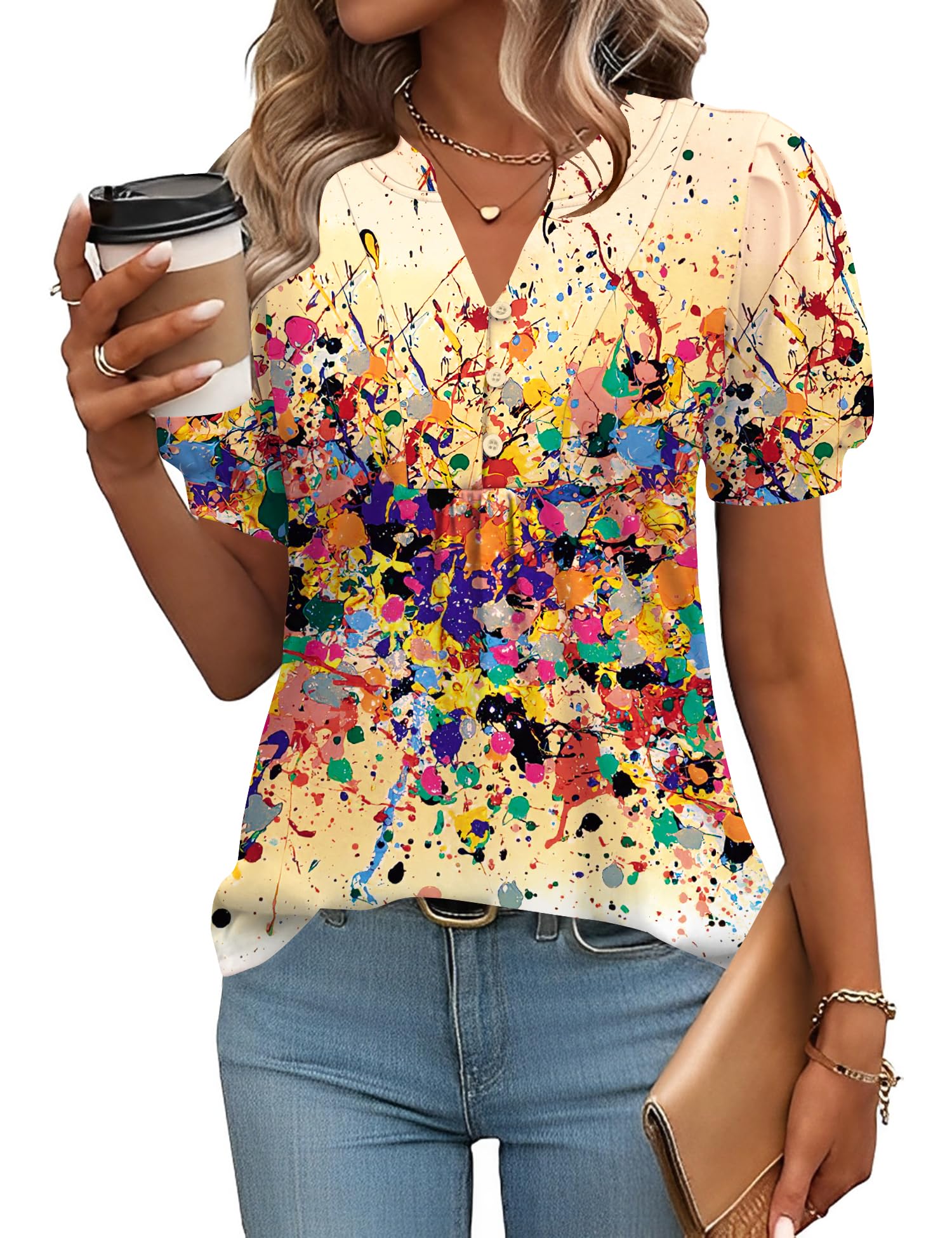 IECCP Womens Tops Puff Short Sleeve Shirts Dressy Casual Henley V-Neck Summer Tops Pleated T-Shirts Loose Fit Tunic Blouses