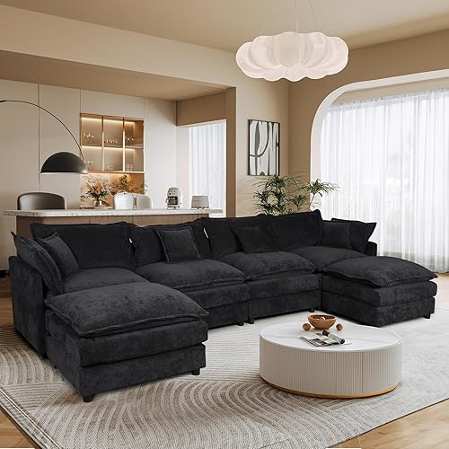 140.2 Inch Modular Sectional Sofa, U Shaped Cloud Couch Comfy Set for Living Room, 4-Seater Comfy Chenille Lumbar Pillow with Movable Ottoman, Black,DIY Combination, for Bedroom, Apartment