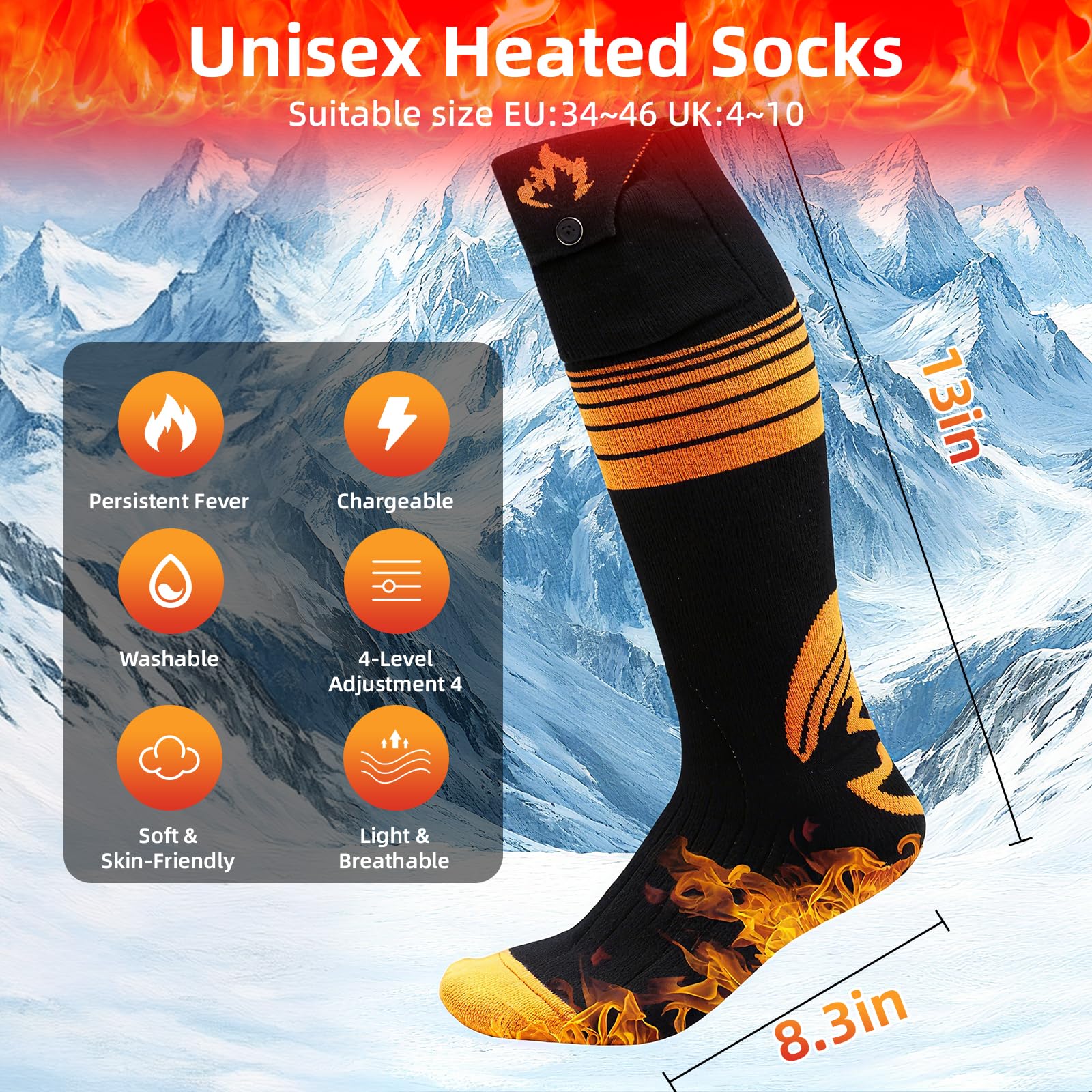 Chaussettes Chauffantes USB Rechargeables Homme Femme 2x6000mAh Batterie Contrôle par APP 4 Niveaux de Température Ski Chasse Randonnée