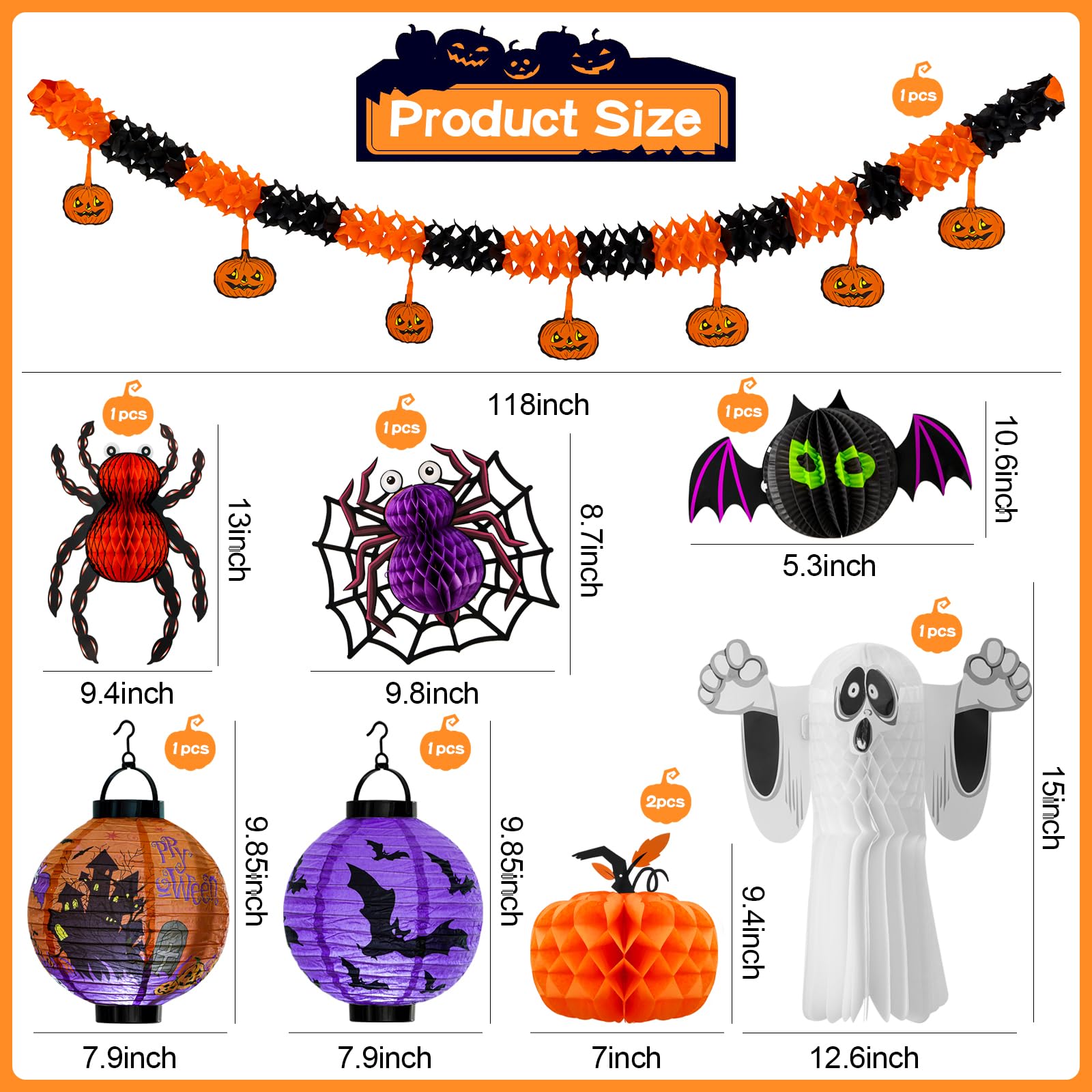 WinTS 9 Pcs Paper Lanterns,Halloween Hanging Garland Banner,3D Fold up Spider,Bat,Pumpkin Honeycomb Balls Hanging Decorations for Halloween Themed Parties,Home Decor,Windows,Fireplace
