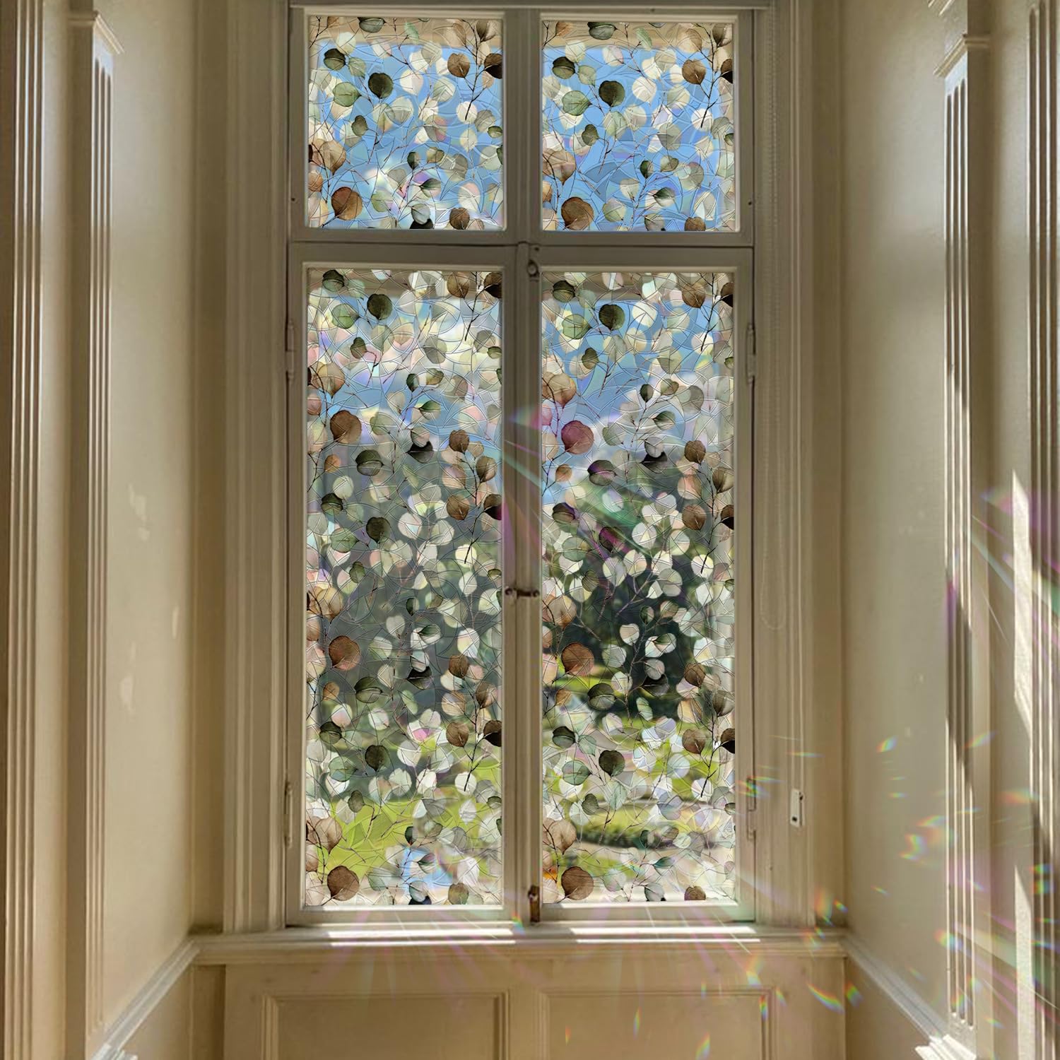 Runtoo Window Privacy Film Rainbow Eucalyptus Leaves Boho Window Clings 3D Decorative Vinyl Stained Glass Botanical Green Leaf Decals Static Sticker