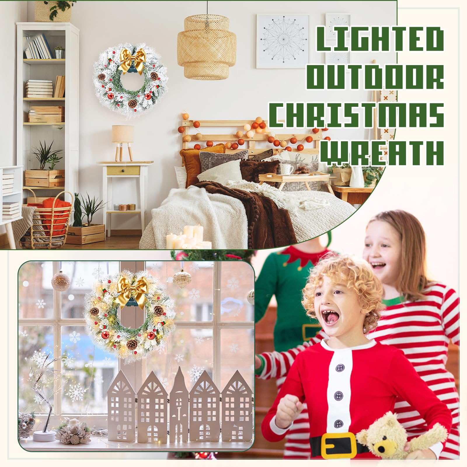 Gfilay Couronne de Noël floquée pré-éclairée, couronne de Noël blanche pour porte d'entrée avec 50 lumières LED, couronne de Noël à piles, couronne de Noël de 50,8 cm