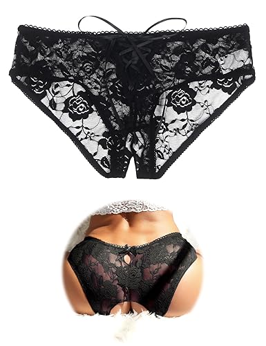 ohmydear Womens Lace Boyshorts Crotchless Sexy Panties Crisscross Strappy Underwear Plus Size Hipster Briefs XS-4XL - Black - X-Small-Small
