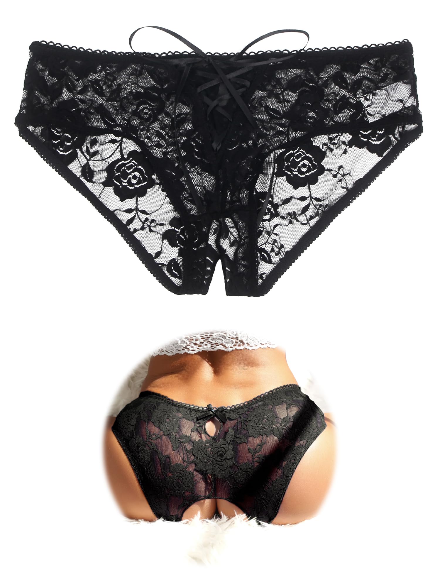 ohmydear Womens Lace Boyshorts Crotchless Sexy Panties Crisscross Strappy Underwear Plus Size Hipster Briefs XS-4XL