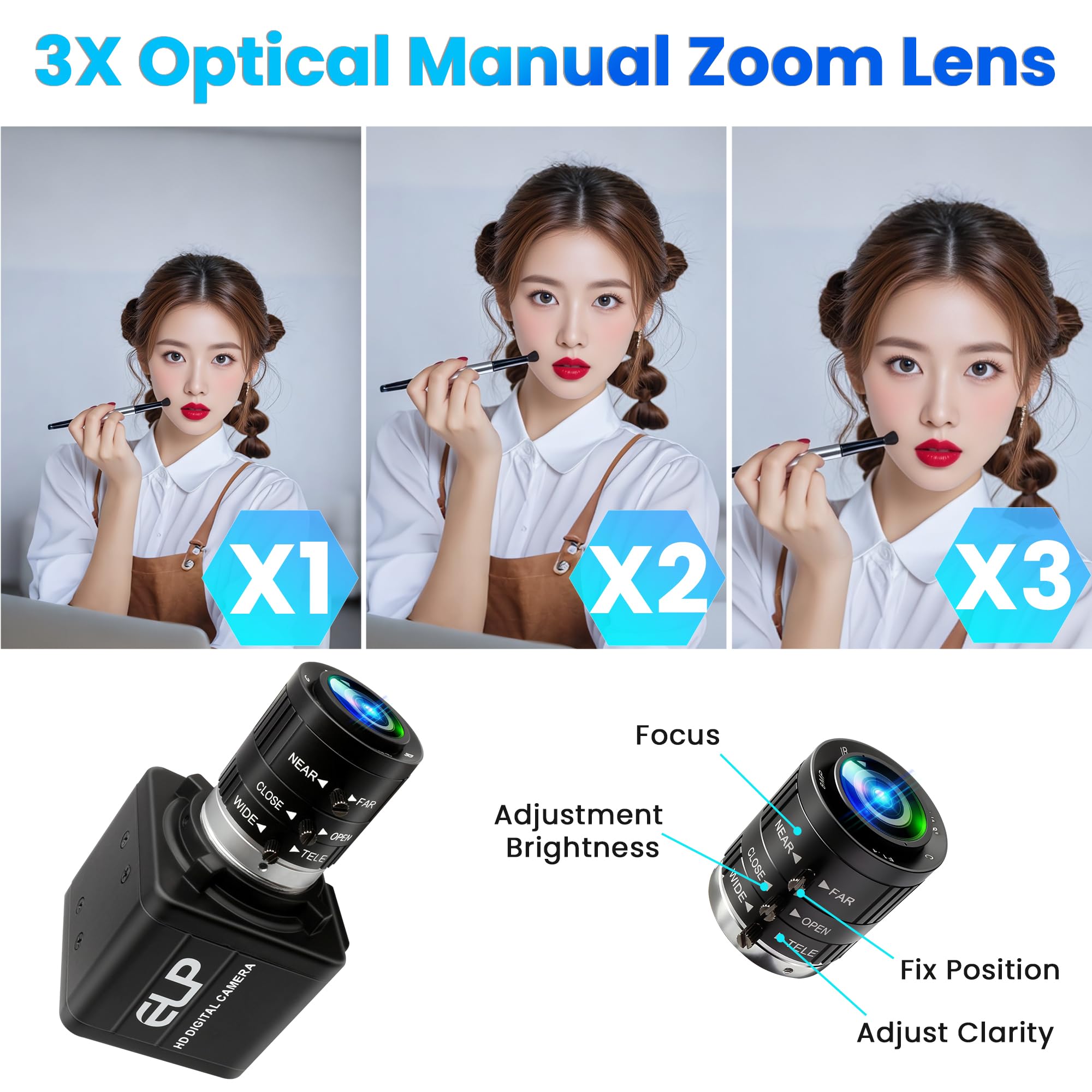 ELP 12MP USB Kamera 4K 120fps USB Webcam Hochgeschwindigkeits Golfschwungkamera mit 3 Fach manuellem optischem Zoomobjektiv Nahaufnahme PC Kamera für Live Streaming industrielle Projektbesprechungen