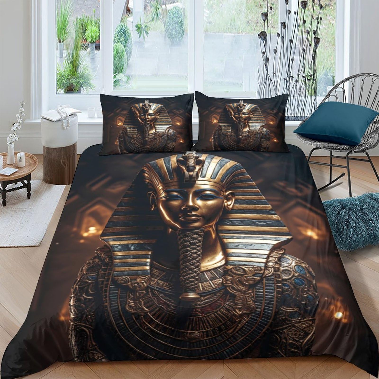Ctjqhvkz Style-9 3D Printed Egyptian Pharaoh Fitted Sheet Microfiber Soft Breathable Ancient Gold Bed Cover For Bedroom Decor Single（135X200cm）