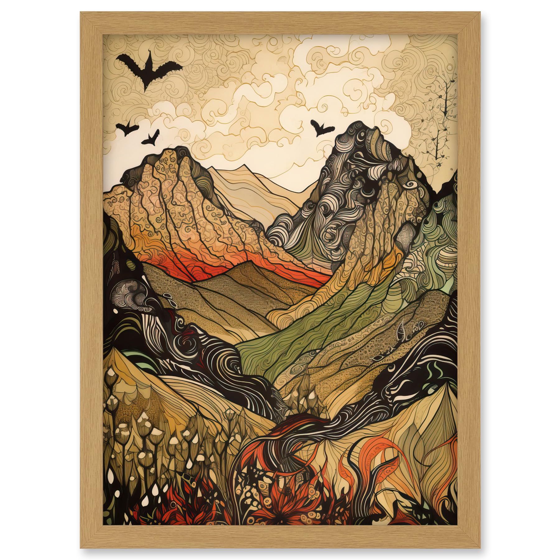 Artery8 Mountain Landscape Multicoloured Pattern Linocut Artwork Framed A3 Wall Art Print