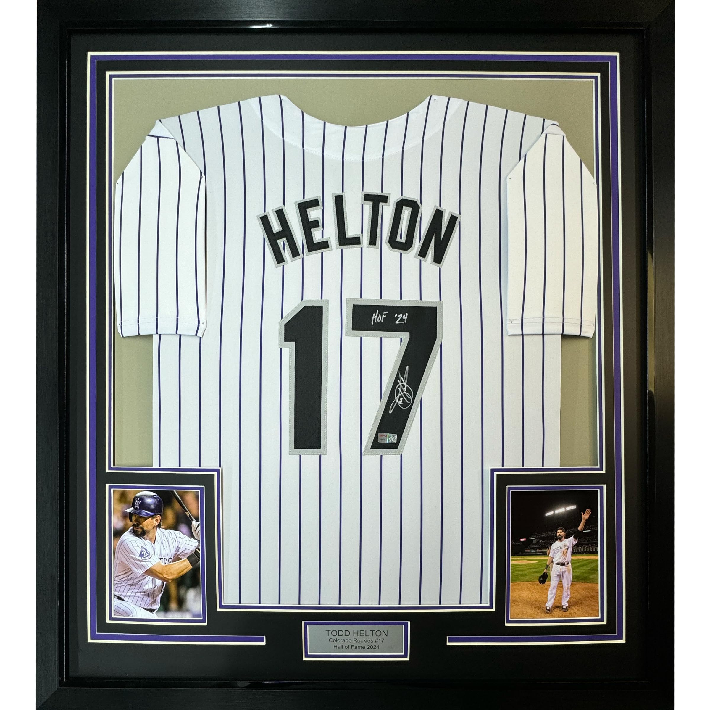 Framed Autographed/Signed Todd Helton HOF 24 35x39 Colorado Pinstripe Baseball Jersey Tristar COA