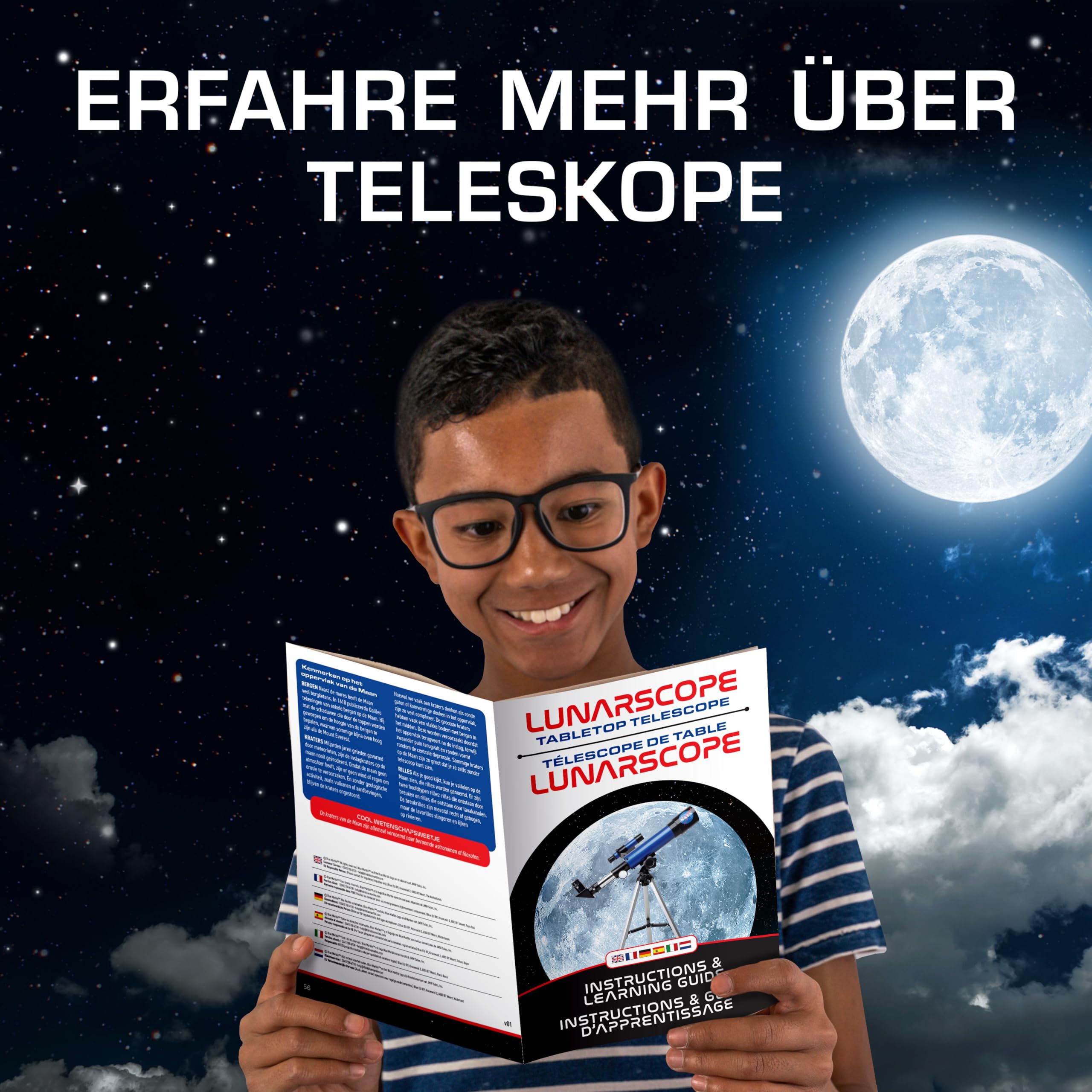 NASA Kinder-Teleskop für den Mond – 90-fache Vergrößerung, mit Zwei Okularen, Tischstativ & Sucherfernrohr, ideales Teleskop für Einsteiger in die Astronomie und Raumfahrt