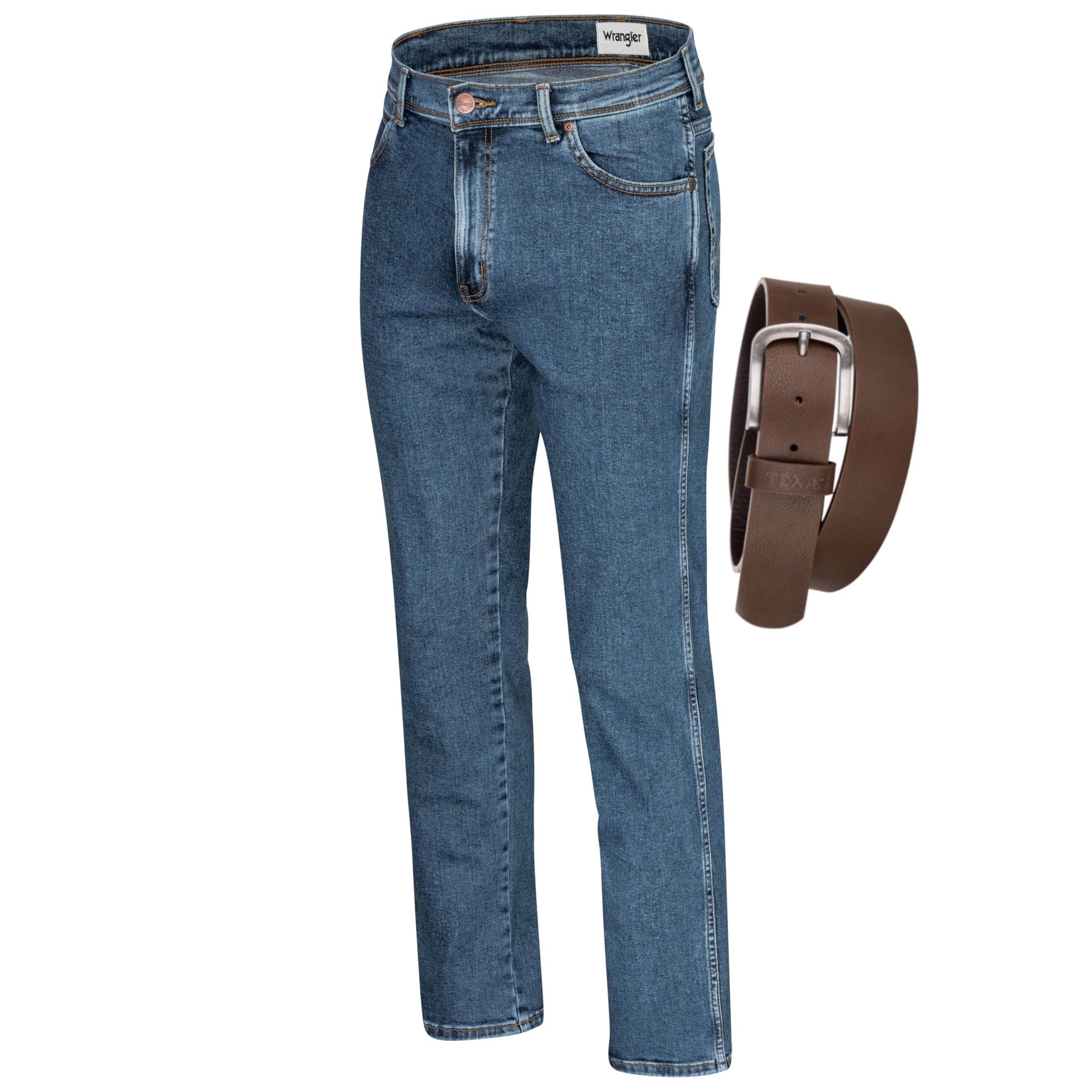Wrangler Texas Herren-Stretchjeans Regular Fit Authentic Straight in verschiedenen Waschungen mit Gürtel in schwarz oder braun