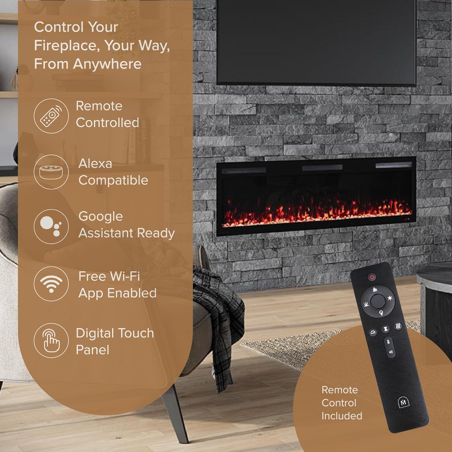 Modern Ember Vibrance 60 Inch Smart Linear Electric Fireplace Insert - Recessed or Wall-Mount, LED Multi-Flame Colors, Alexa/WiFi Enabled - Remote Included - Crystals