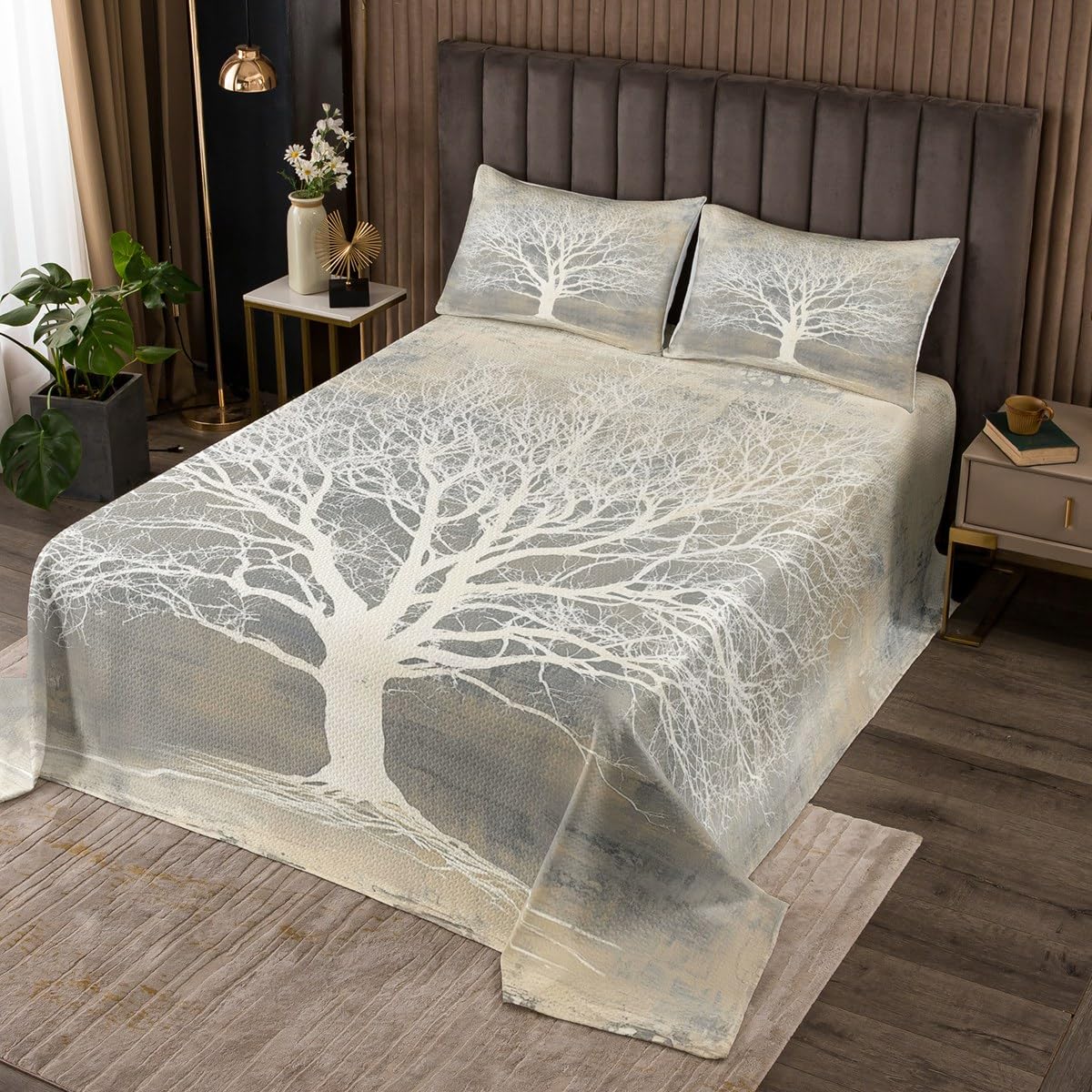 Tree of Abstract Life Kids Bedspread Twin Size,Botanical Plant Nature Boho Coverlet Set,Girls Boys Room Decor,Bohemia Tribal Trippy Magical Quilted Coverlet,Retro Bedding Quilt,1 Pillowcase