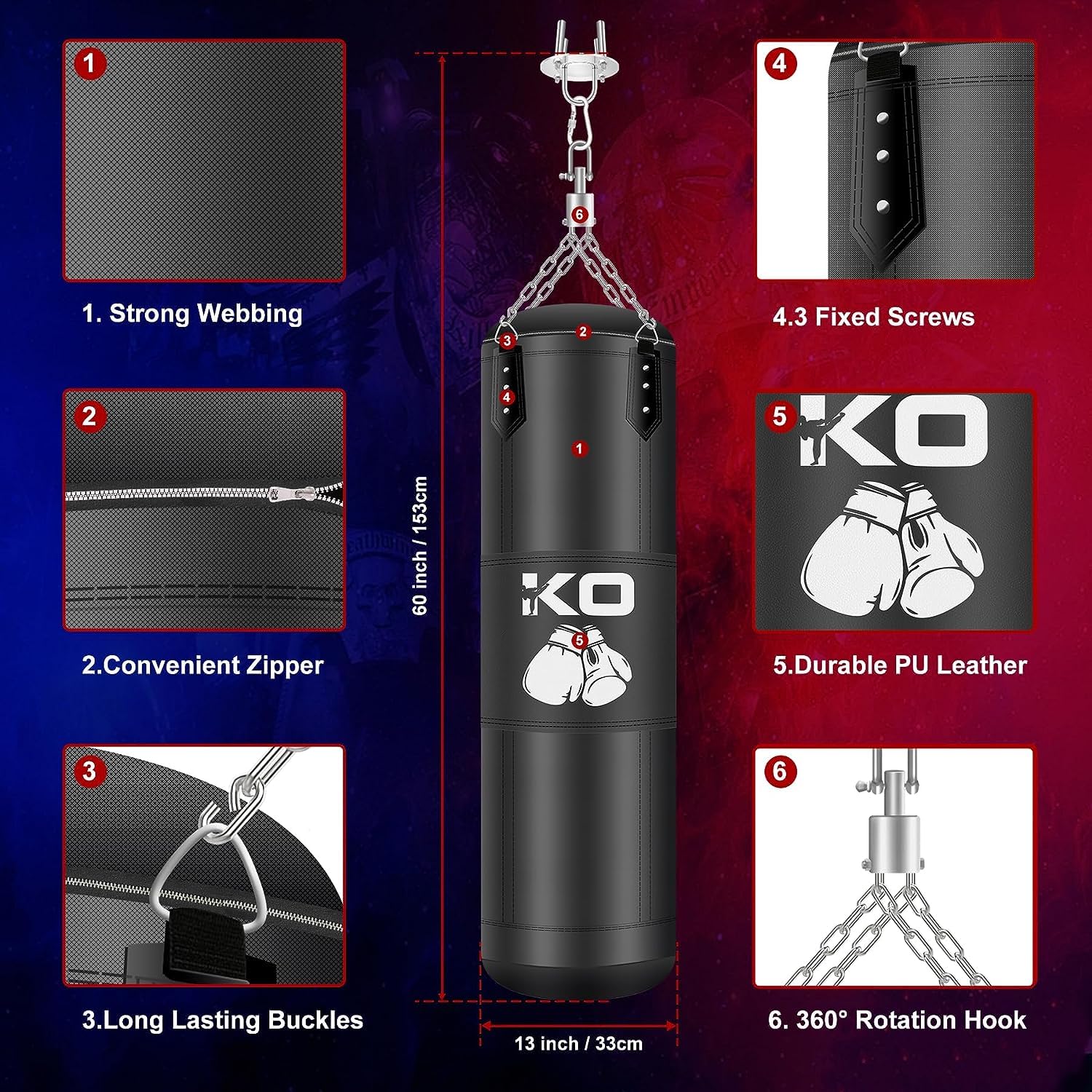 Sac de Boxe pour Adultes, Ensemble de Bandages, chaîne, Crochet de Plafond et Gants de 12 onces, idéal pour l'entraînement en MMA, Kickboxing, Boxe, karaté et Gymnastique à Domicile