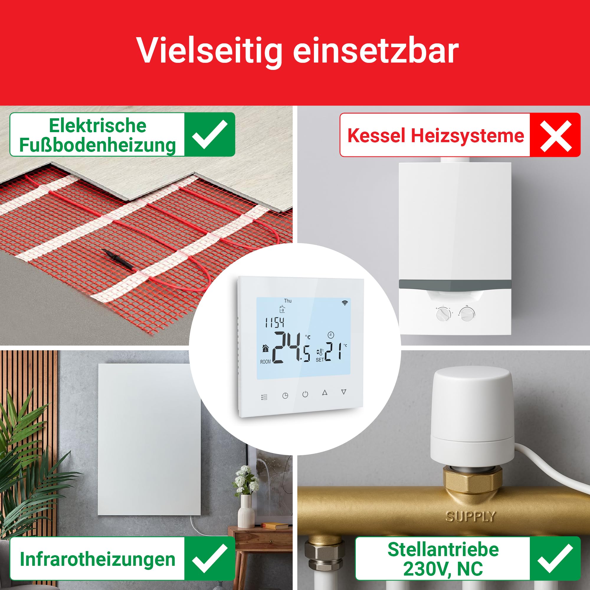 Elektrobock PT740W-EI termostat pokojowy z WiFi, inteligentny termostat do ogrzewania podłogowego i ogrzewania elektrycznego, 6 programów/dzień, wykrywanie geofencingu i otwartego okna | 230 V, 16 A