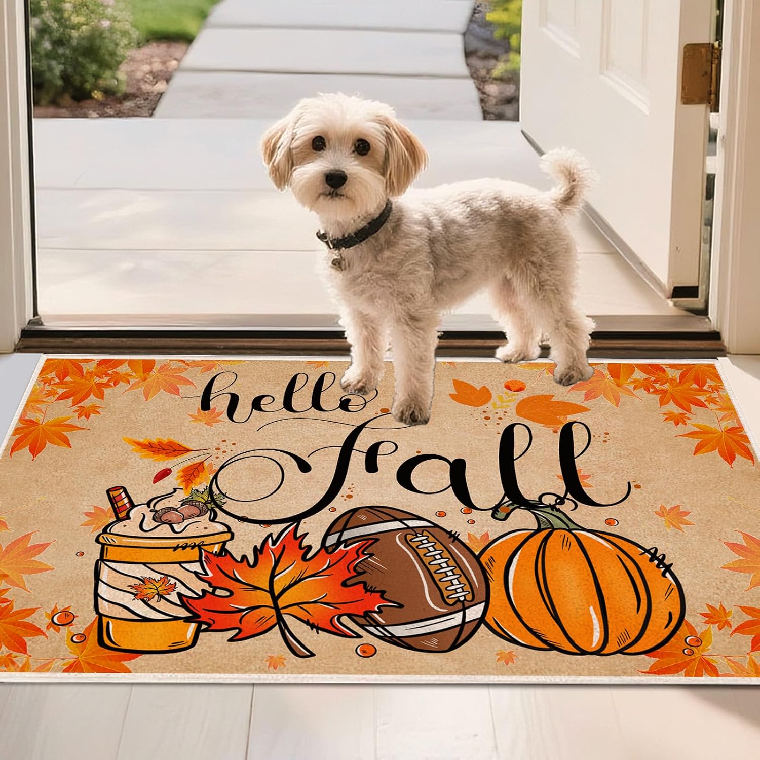 Fall Door Mat, Football Pumpkin Maple Leaves Hello Fall Doormat