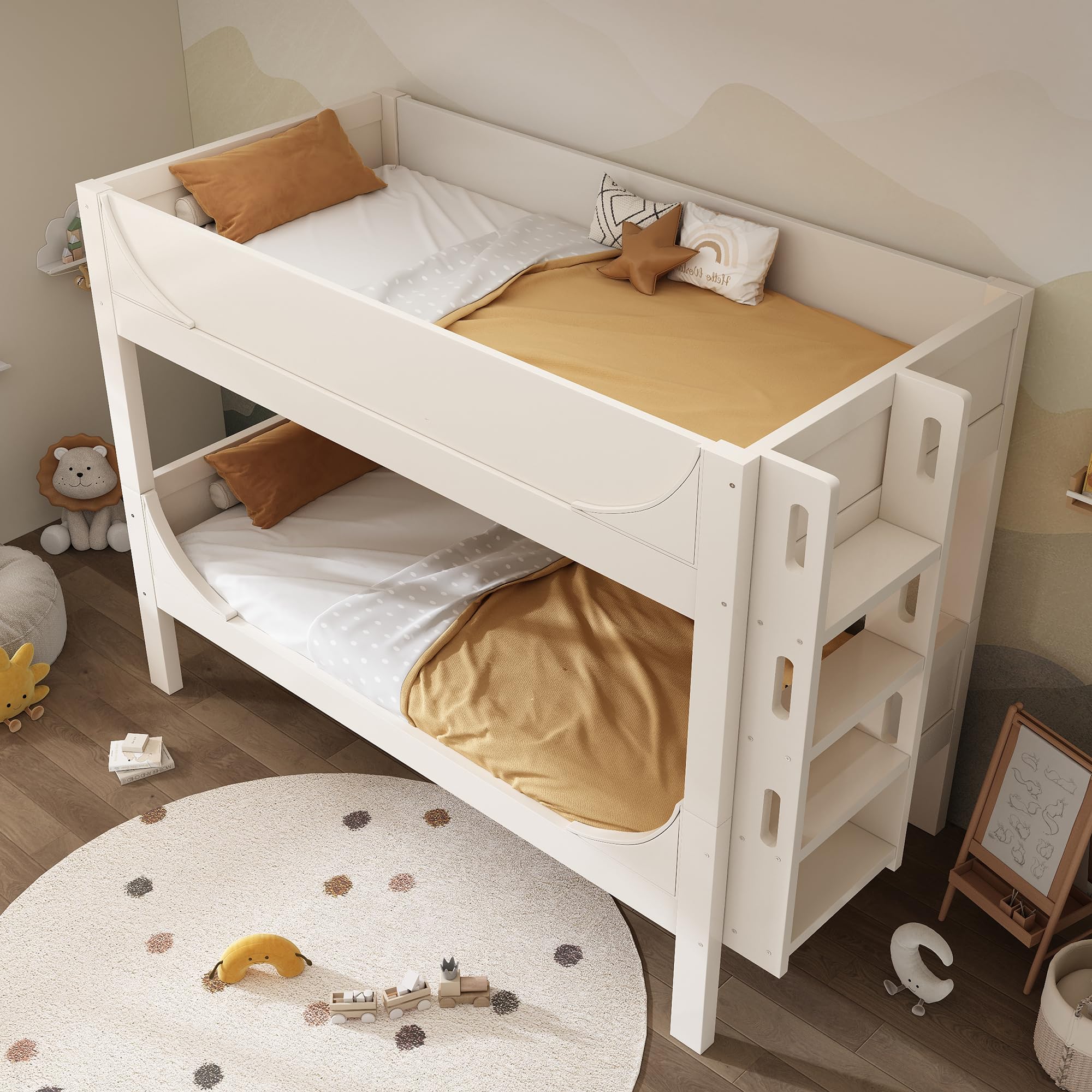 Merax Letto a castello 90 x 200 cm con scala flessibile, letto a soppalco per bambini con protezione anticaduta e rete a doghe, 1 letto diventa 2 letti singoli, legno, bianco