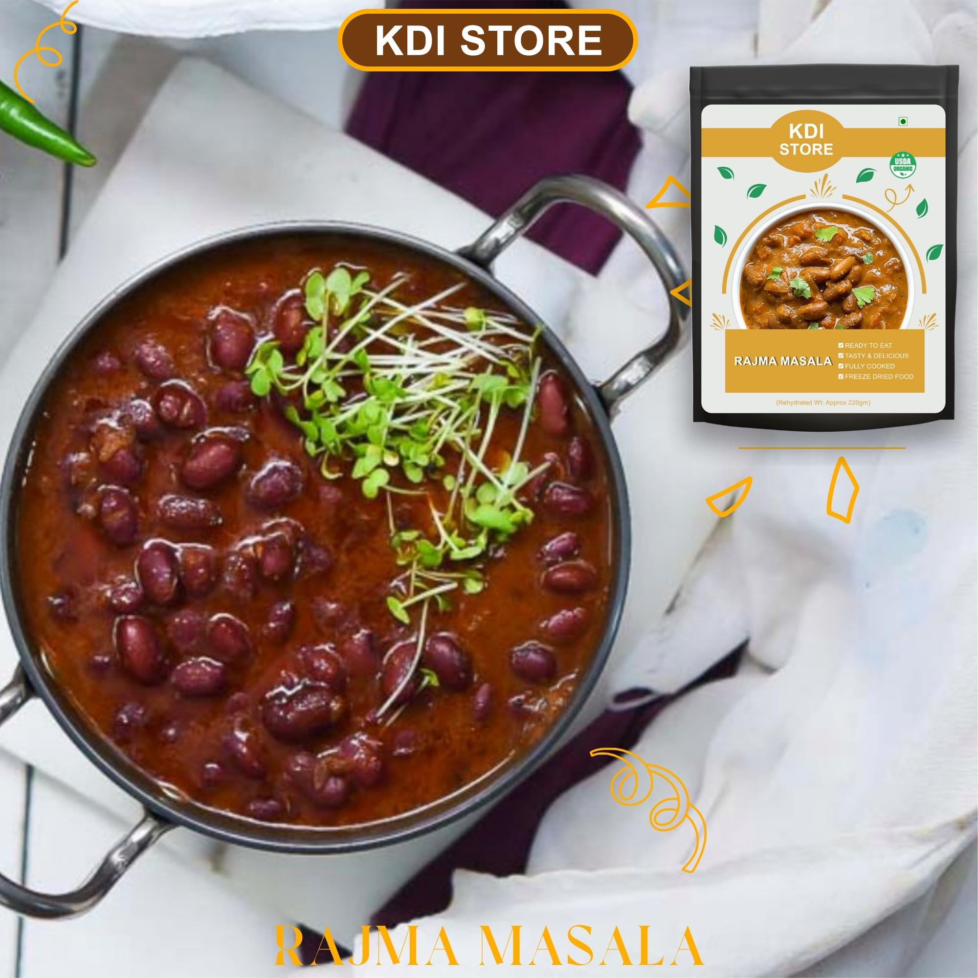 KDI Store Rajma Masala, Ready to Eat Indian Red Kidney Beans Curry, USDA Organic, Fully Cooked, Freeze Dried, 55g