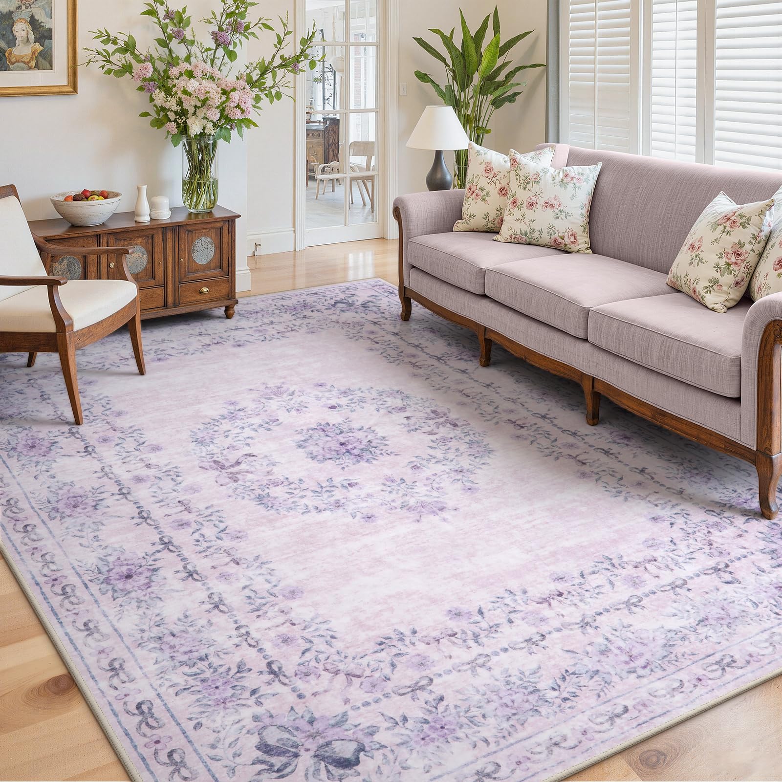 Photo 1 of **SHADE LIGHTER IN PERSON**Wonnitar Floral Print 8x10 Washable Rug, Purple Bow Room Decor for Girls Bedroom, Ultra-Thin Non Slip Soft 8 x 10 Large Boho Carpet for Living Room Baby Nursery Kids Playroom