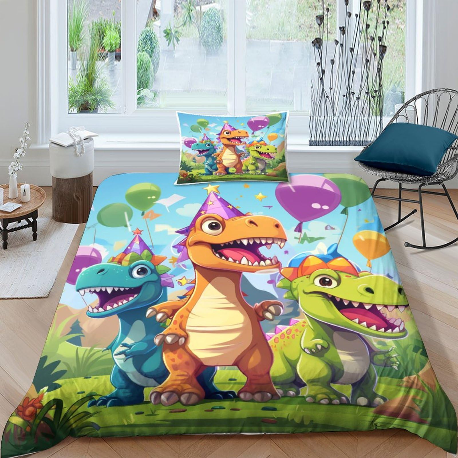 Dinosaurs Microfiber Duvet Cover 2 Pieces Reversible Cartoon Dinosaurs Quilt Cover Easy Care Comforter Cover with Easy Care Pillowcases for Kids Adult Teens All Seasons Bedding Single（135x200cm）