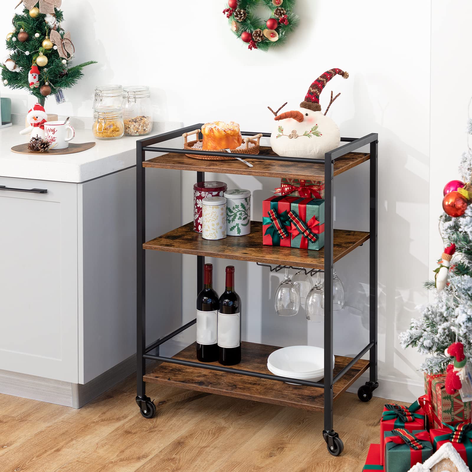 Buy HOOBRO Bar Cart, 3Tier Serving Cart with Wine Glasses Hooks