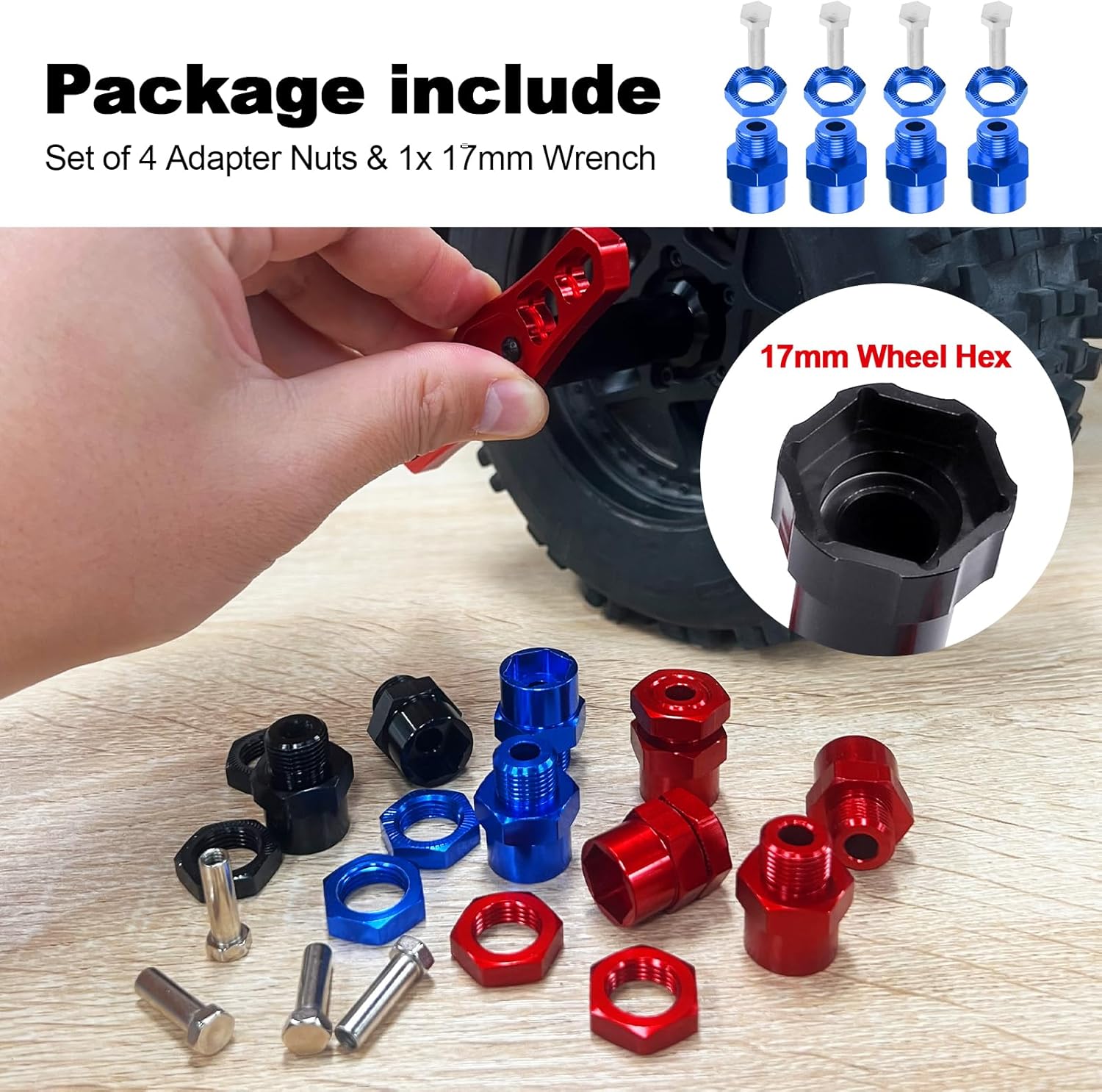 Hobbypark 12mm to 17mm Wheel Hex Hub Adapter Extension Conversion Offset for 1/10 RC Cars Trucks Off Road Buggy Upgrade 1/8 Tires (with Navy Blue Adapter)