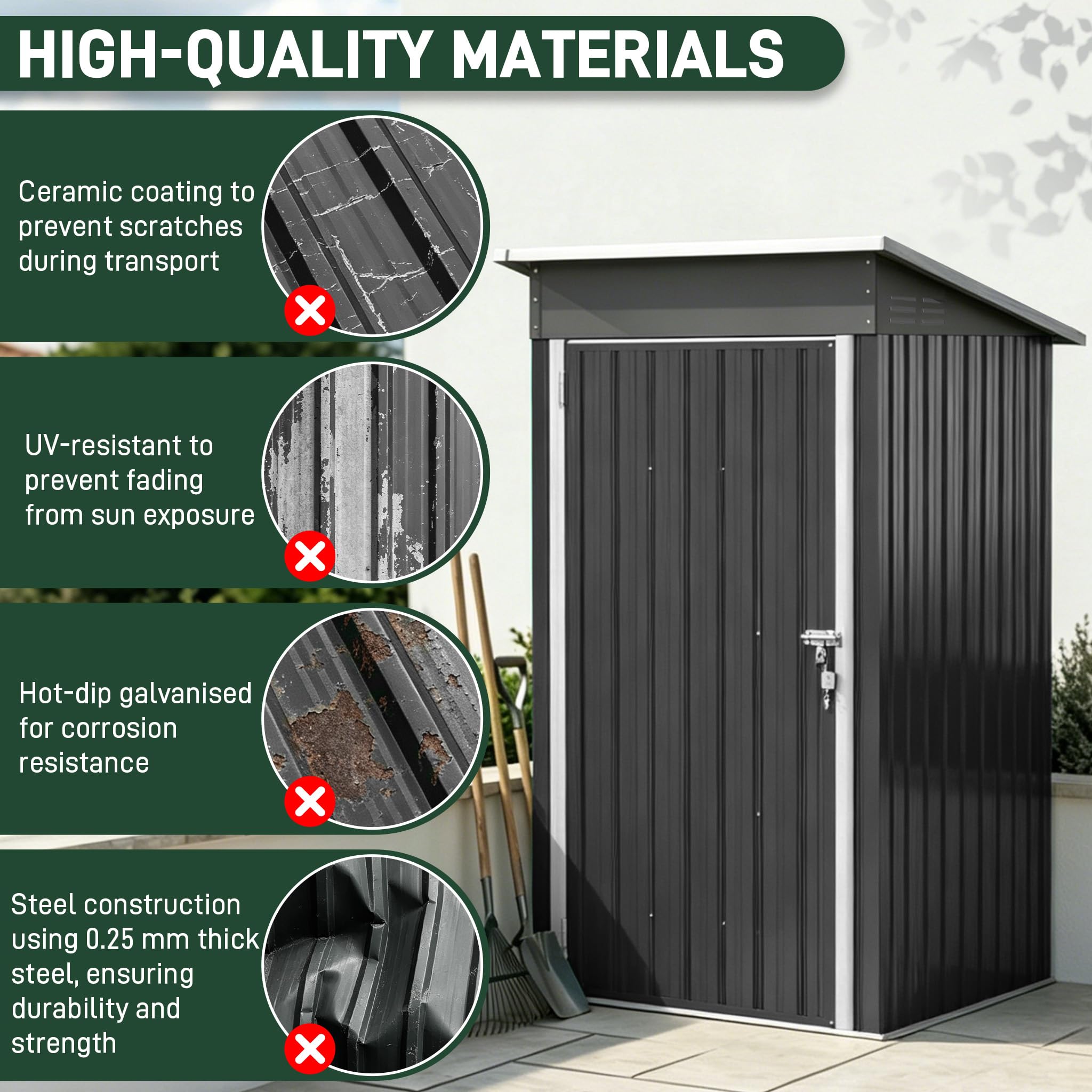 UISEBRT Metall Gerätehaus 1.5 m³ 108x91x185 cm,wetterfester Geräteschuppen mit Schrägdach & Belüftungsöffnungen,abschließbarer Gartenhaus für Gartengeräte, Werkzeuge & Sportartikel,Schwarz