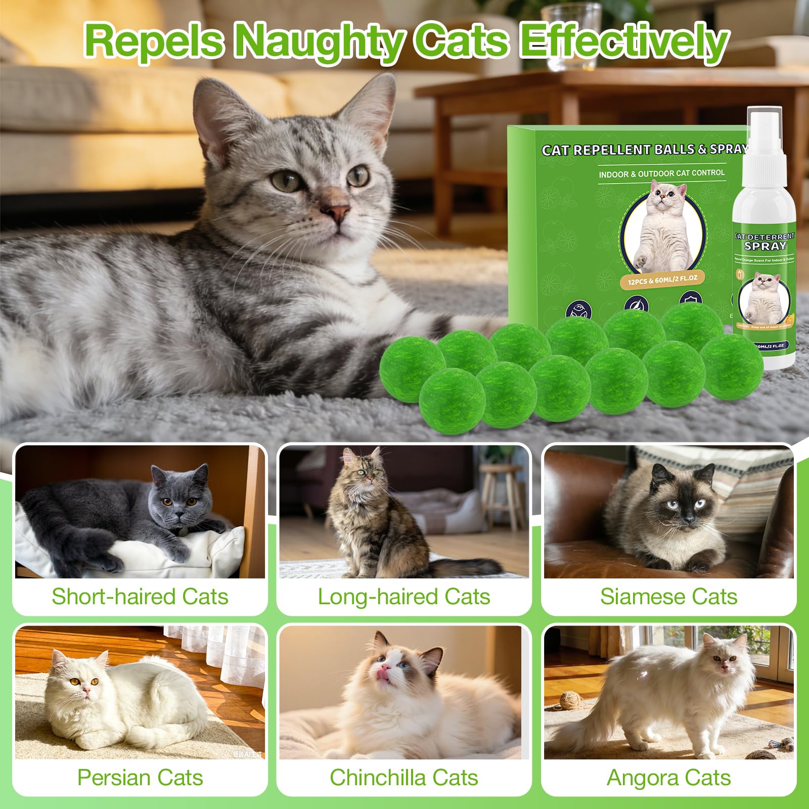 Katzenabwehrball & Spray, 60 ml Natürliches Pfefferminzöl-Abwehrspray für Katzen & Hunde draußen & drinnen, 12er-Pack ätherischen Ölbällen, hält Katzen von Garten und Möbeln fern