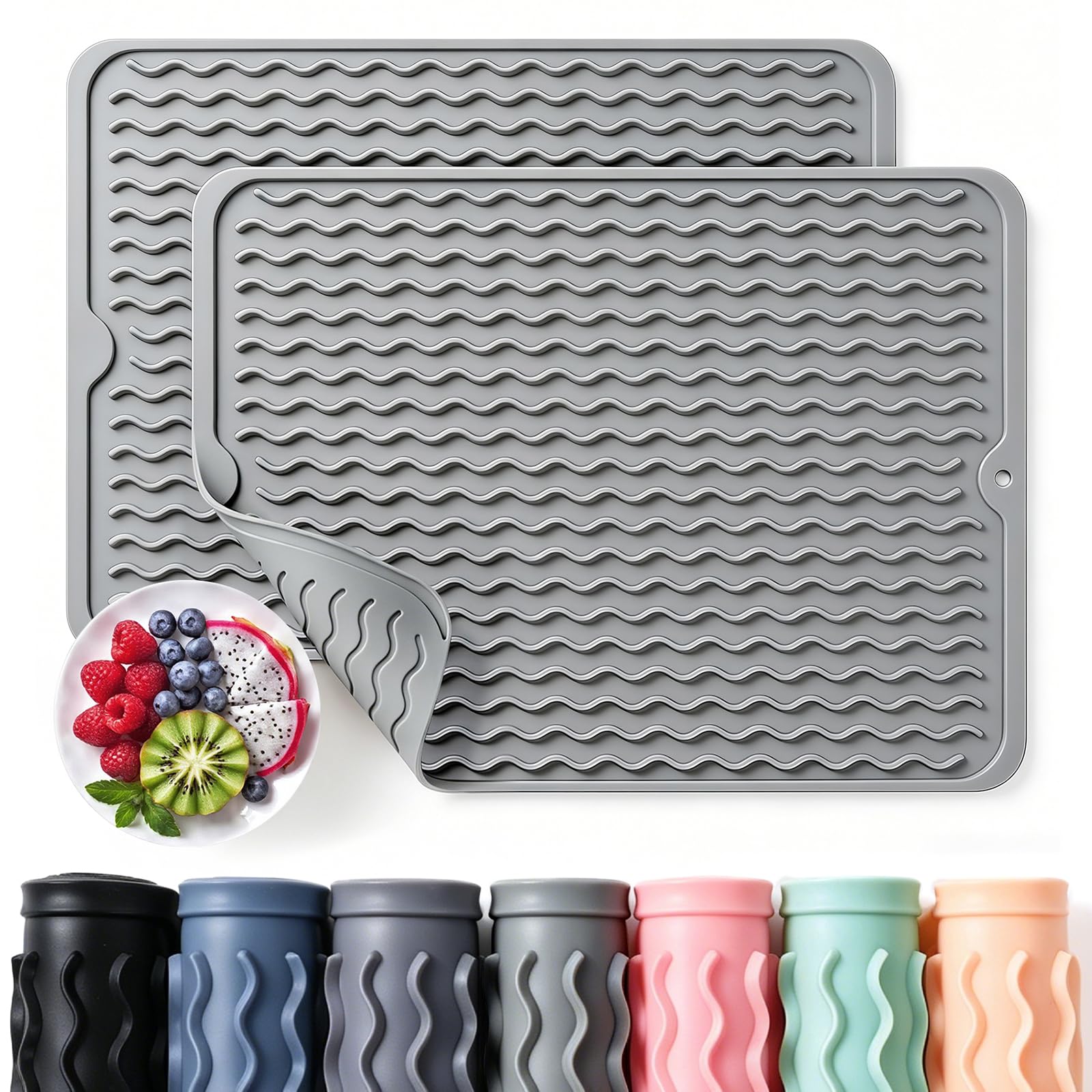 2 Pack Caketime Silicone Dish Drying Mat for Kitchen Counter Heat Resistant Quick Dry Pads Hot Dishes Waterproof with Under Sink Rack Soap Holder Coffee Accessories 15"x11.5" Light Gray