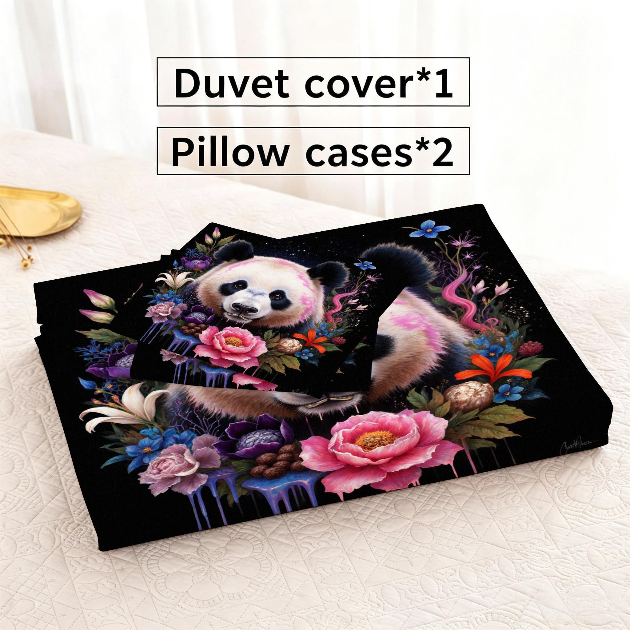 Funda Nordica Cama 150-220x240 Flores Animales Oso Panda, Juego de Ropa de Cama de Microfibra para Adultos, Funda de Edredón Cama 220x240 con Cremallera y 2 Funda de Almohada 50x75 cm_A19259