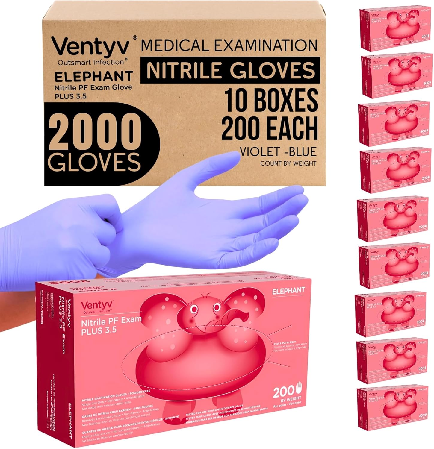2000 Nitrile Exam Gloves Case (10 Boxes/200 each) - Powder-Free, Latex-Free, Viole-Blue Elephant Plus 3.5