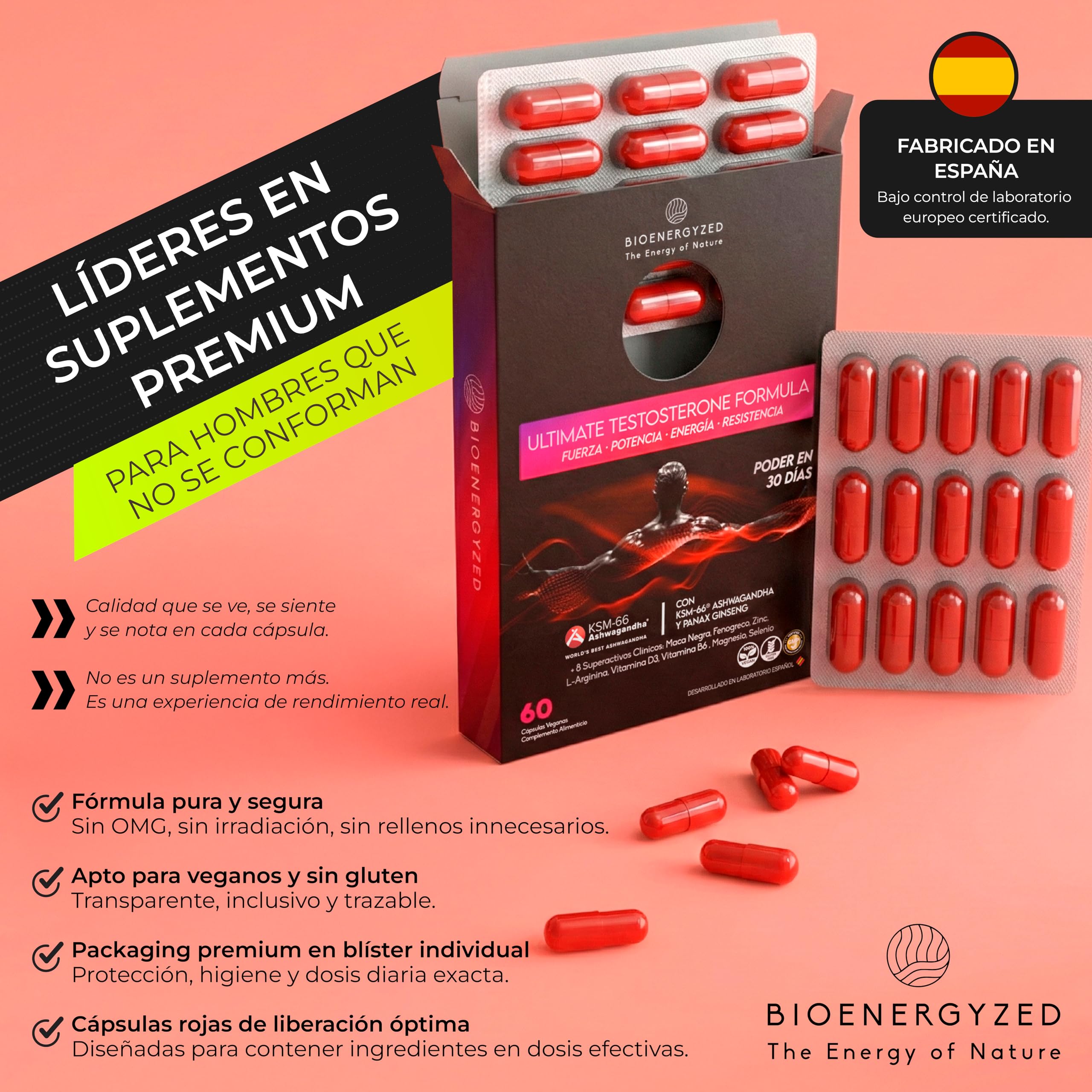 Testosterona Hombre con Maca Negra 10:1 2300 mg – Fabricado 100% en España - Ashwagandha KSM-66®, Ginseng y Zinc – Testosterona Natural Pura, Energía, Rendimiento y Fuerza