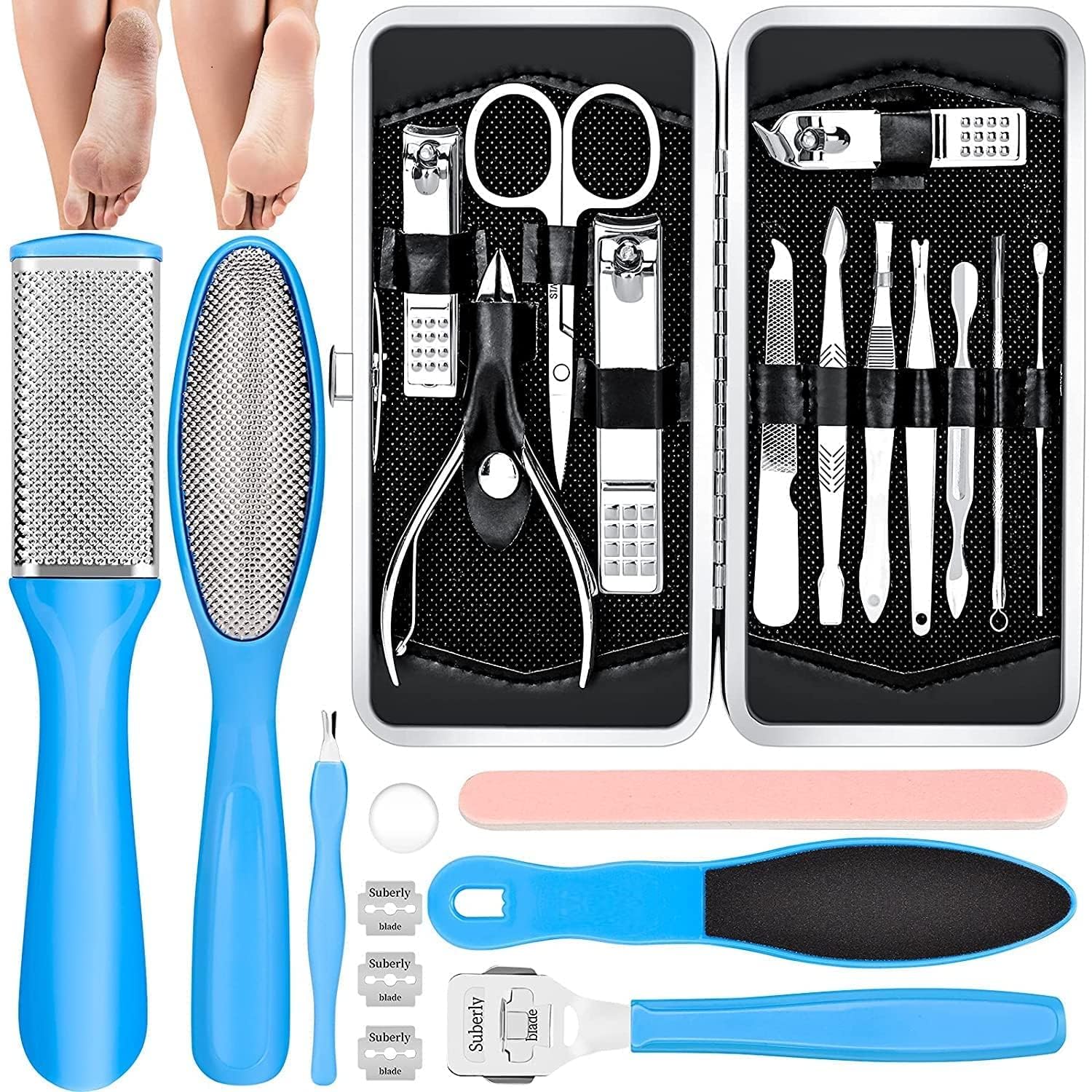 Kamz Pedicure Kits - Callus Remover for Feet, 23 in 1 Professional Manicure Set Pedicure Tools Stainless Steel Foot Care, Foot File Foot Rasp Dead Skin for Women Men Home Foot Spa Kit, Blue…-image-5