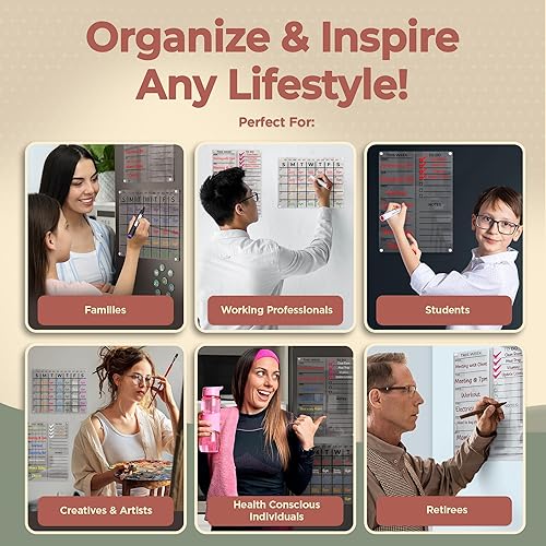 Miniatura 7 de Calendario acrílico para refrigerador, 2 juegos de calendario transparente para refrigerador con 6 marcadores brillantes, calendario magnético