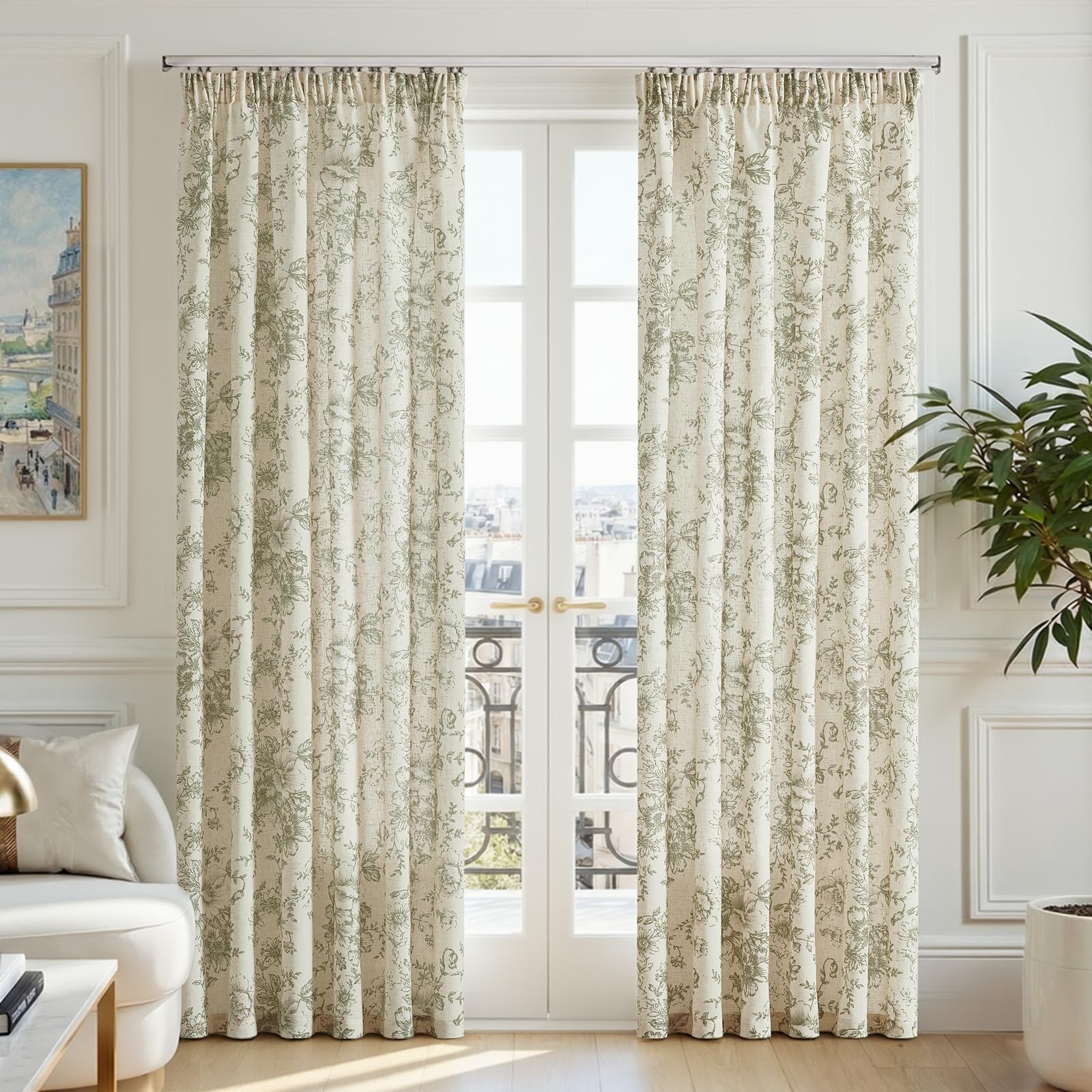 TOPICK Green Floral Voile Linen Look Living Room Curtains, W55 xL90, 2 PCS