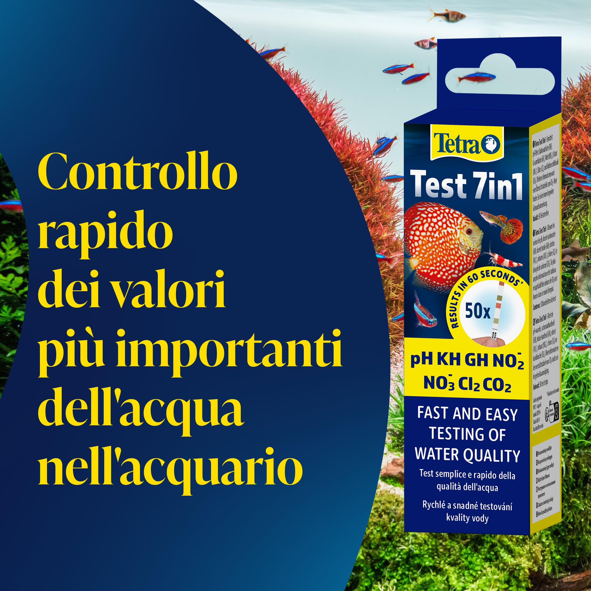 Tetra Test 7in1 - Test dell'acqua per acquari, controllo rapido e semplice della qualità dell'acqua, 1 confezione (50 strisce reattive)
