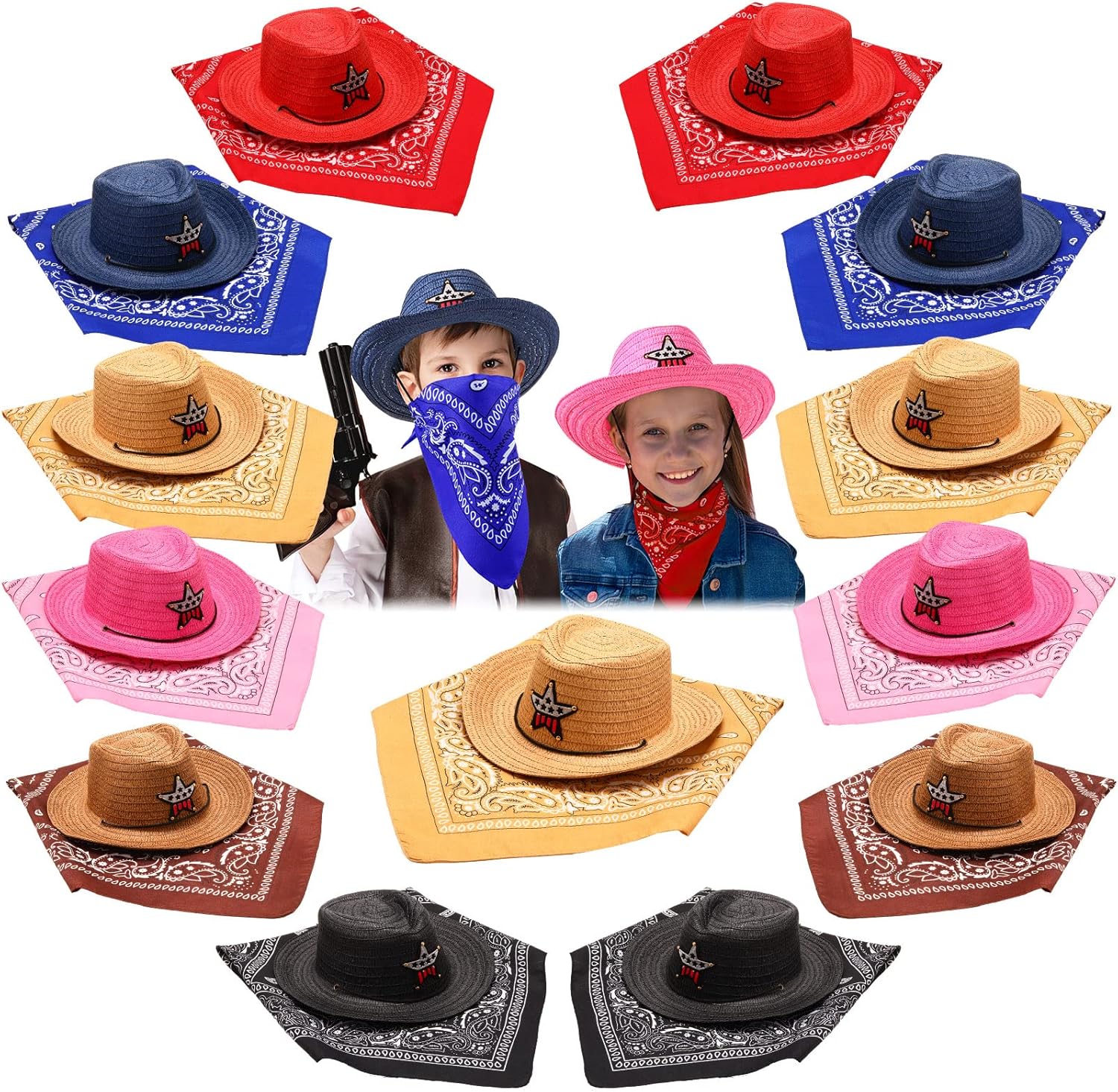 48 Pieces Kids Cowboy Hats Party Pack Bulk Straw Cowboy