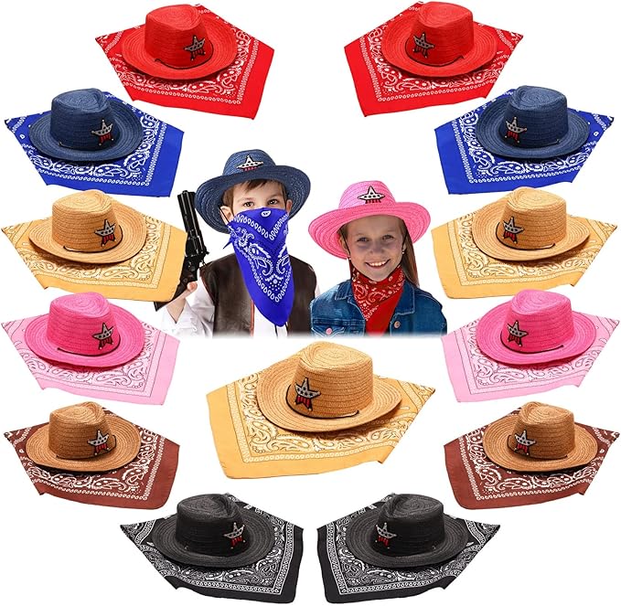 48 Pieces Kids Cowboy Hats Party Pack Bulk Straw Cowboy