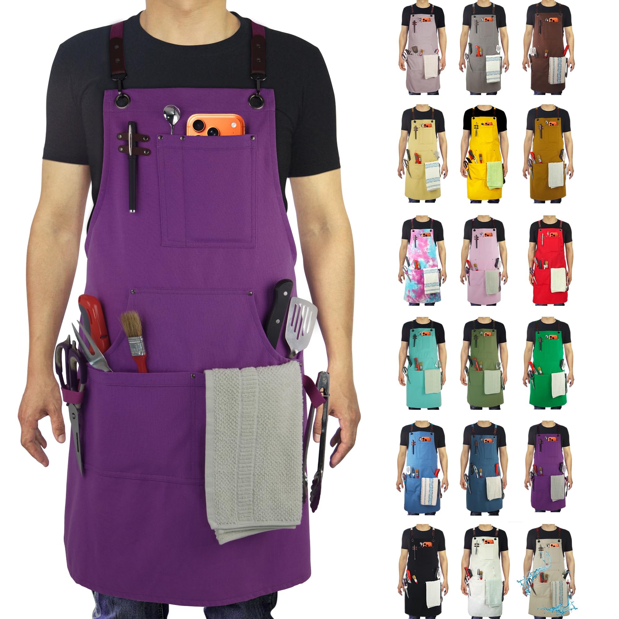Kitchen Apron, Work Apron, Canvas, Multiple Pockets, Gardening, Painting, BBQ, Artist, Carpenter, Sizes M to XXL, Purple