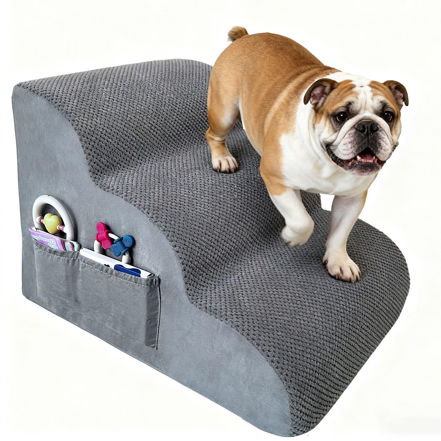 3-stufige Hundetreppe für Kleine Hunde mit Waschbarer Hülle, 2 Aufbewahrungstaschen & Tragegriff - Hochdichte Schaumstoffstufen, Rutschfester Bezug - Grau