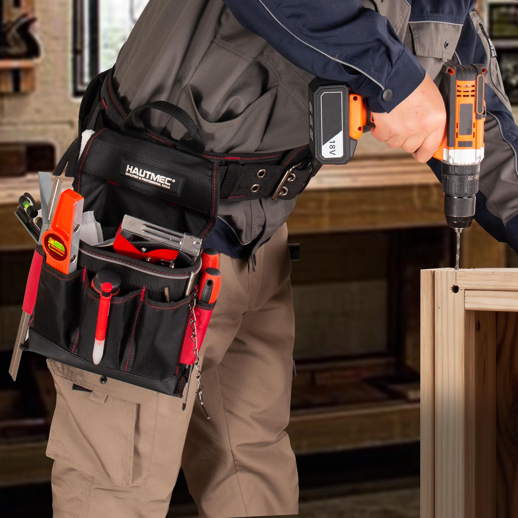 HAUTMEC HT0177 Ceinture à outils robuste pour électricien avec Oxford 1680D durable 20 poches avec sangle de taille rembourrée réglable et support pour marteau