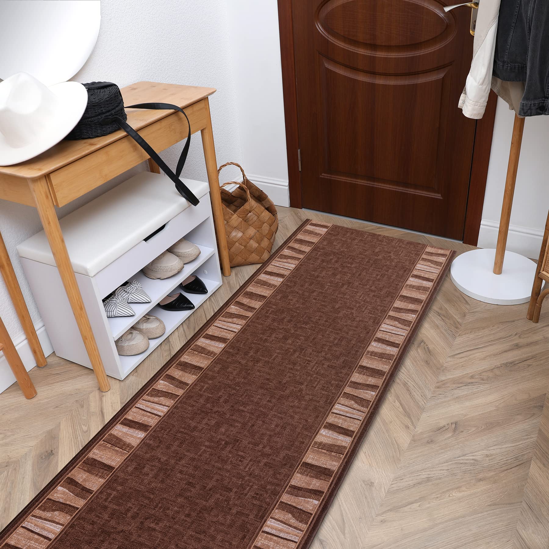 rugsx Antirutsch Teppichläufer Linea - moderner Kurzflor für Küche, Flur & Wohnzimmer, Meterware, braun 67x450 cm