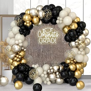 Black and Gold Balloon Garland Arch Kit for Graduation Decorations 2026,152pc White Sand Confetti Champagne Party Balloons for Grad Decor,Birthday Wedding 50th Birthday New Years Party Decorations