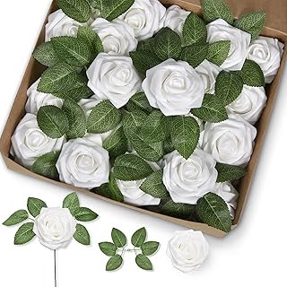 Groleca Artificial Flowers Real Touch Foam White Fake Roses 50Pcs with Stems for DIY Wedding Bouquets Bridal Shower Center...