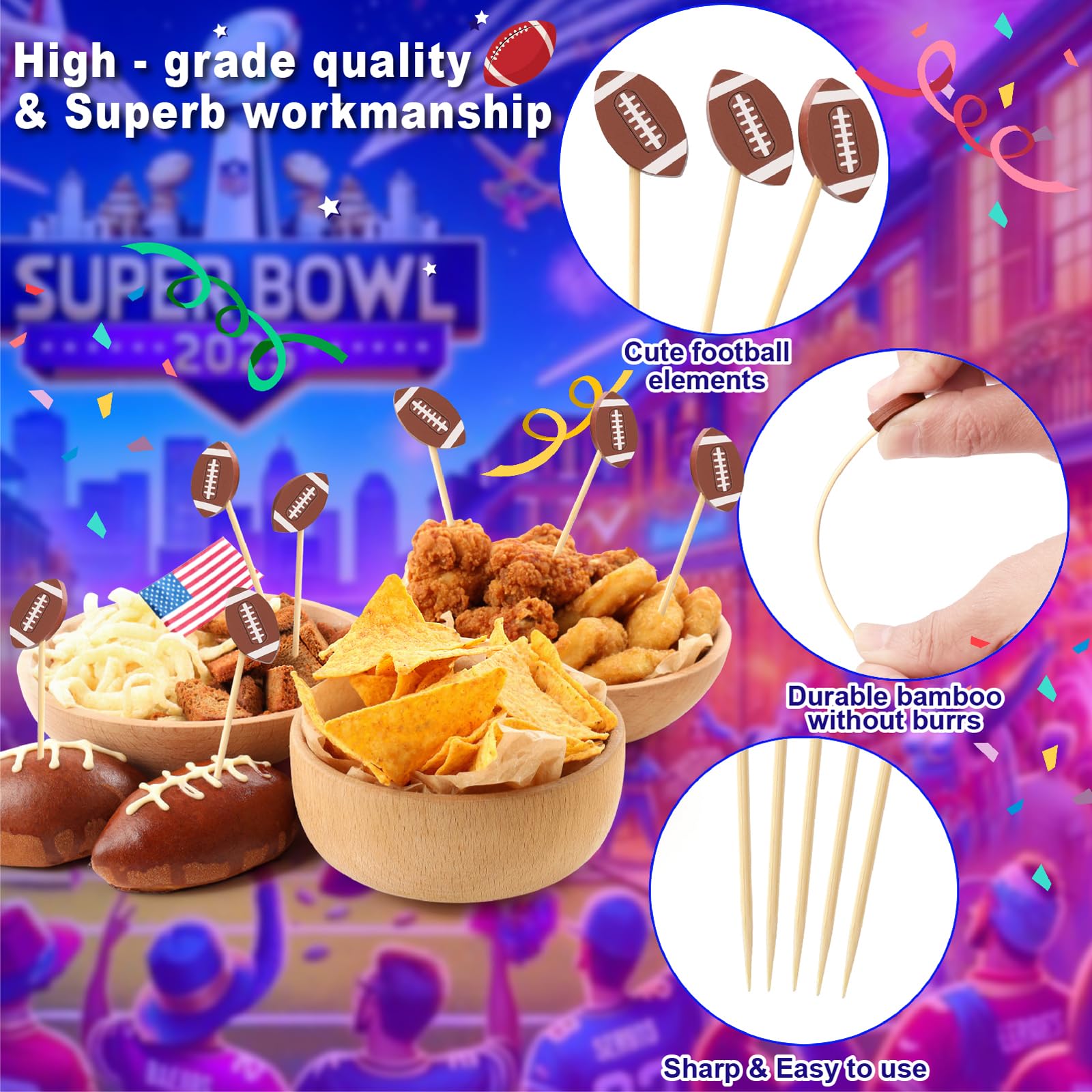 100 palillos de cóctel de fútbol, palillos de dientes decorativos para aperitivos, bebidas, alimentos de frutas, pinchos de bambú de 4.7 pulgadas de largo, palitos de charcutería para pelota de rugby,