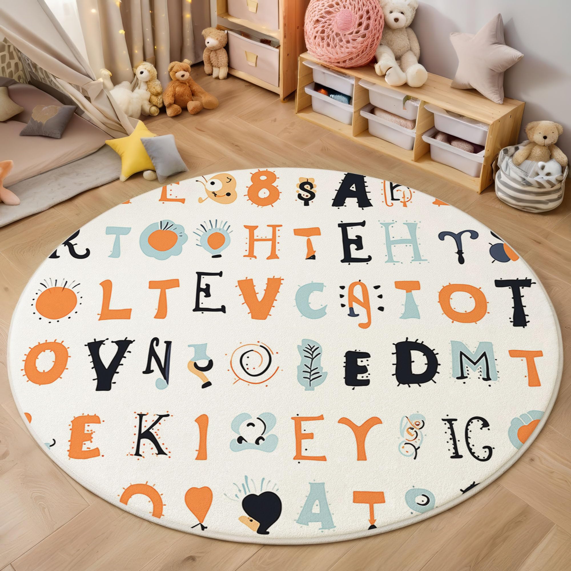 Tapis rond doux orange et bleu pour égayer la chambre des enfants avec style géométrique