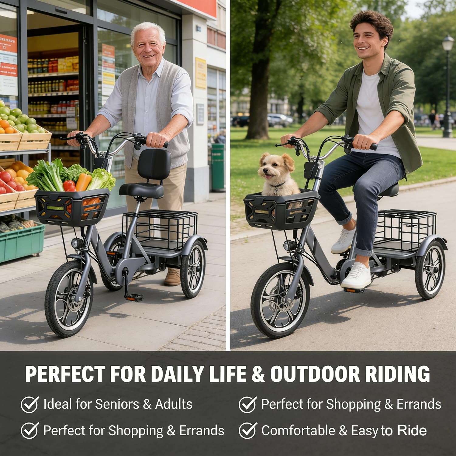 Triciclo elettrico adulti Nuovo Modello 3 ruote stabile, bicicletta elettrica e doppio freno, bici pedalata assistita con cestino capiente, ideale per città, spesa, anziani e trasporto Grey