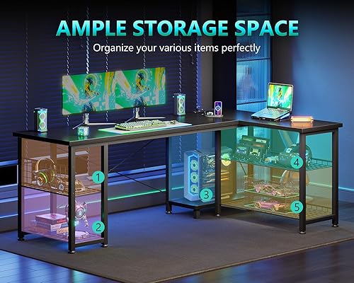 Miniatura 6 de Casaottima Escritorio para juegos en forma de L de 51 pulgadas con estantes y tomas de corriente, escritorio reversible para computadora con